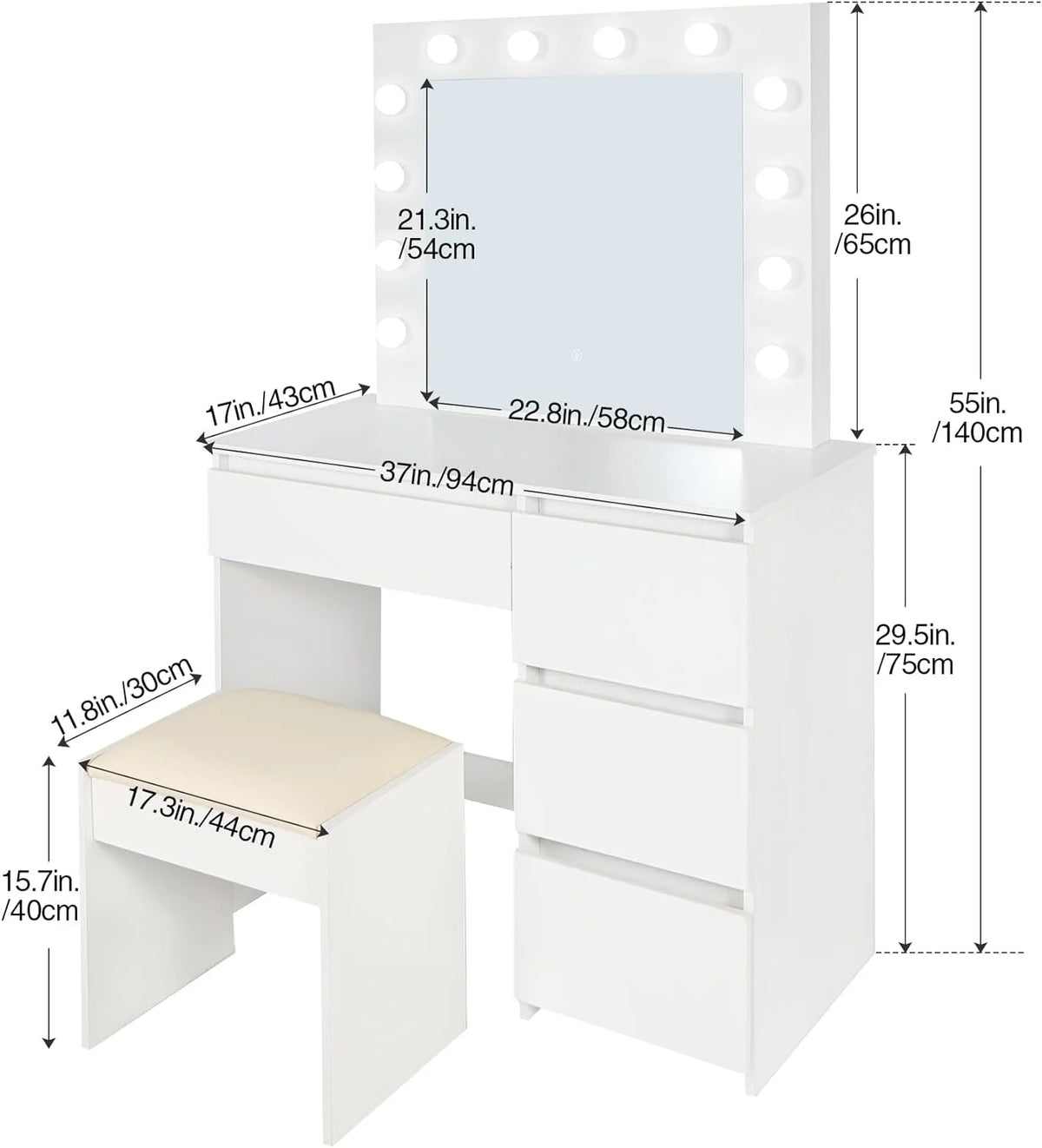 White Makeup Vanity Set with Lights, 4 Drawers and Cushioned Stool T300834