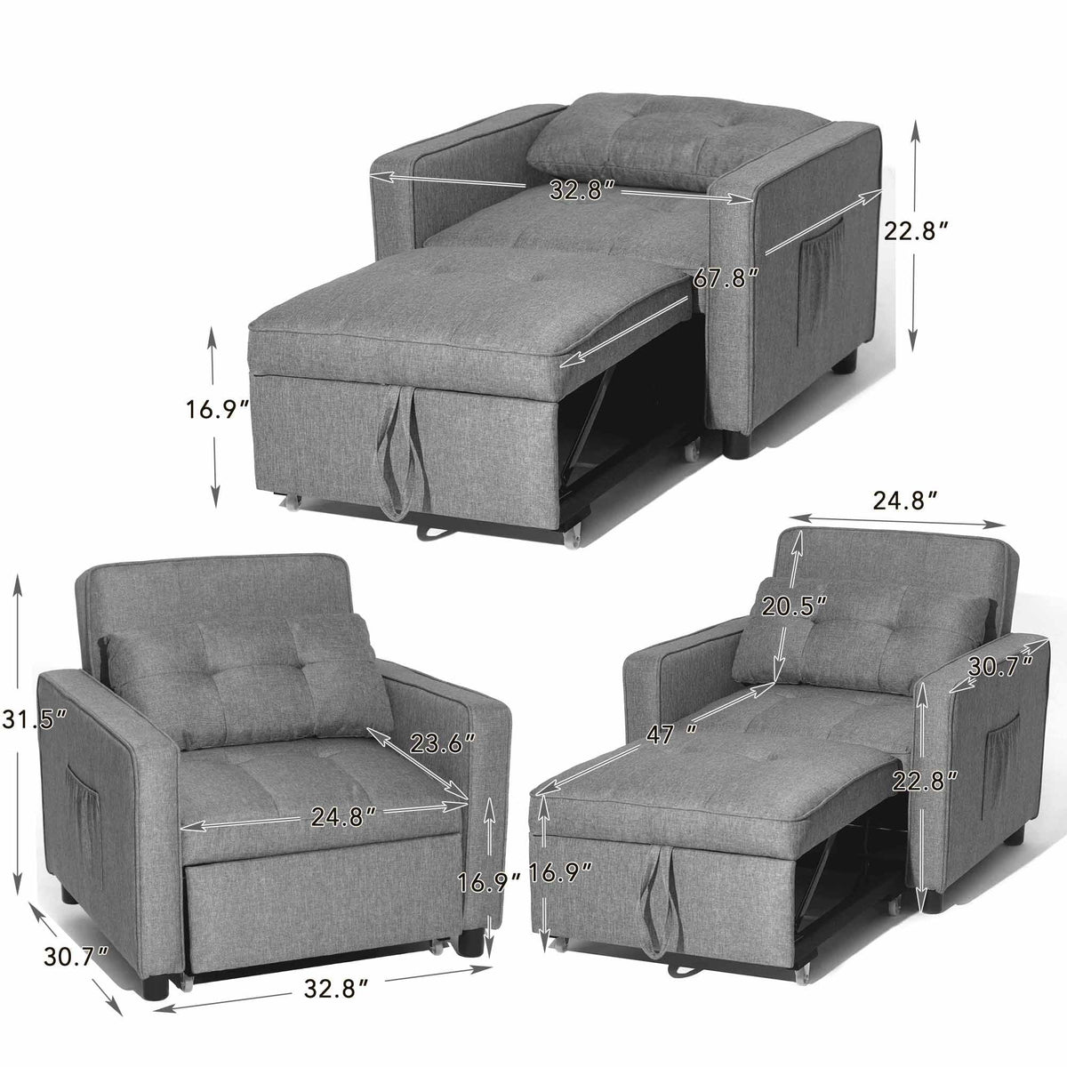 Light Grey Linen Convertible Chair Bed U9239