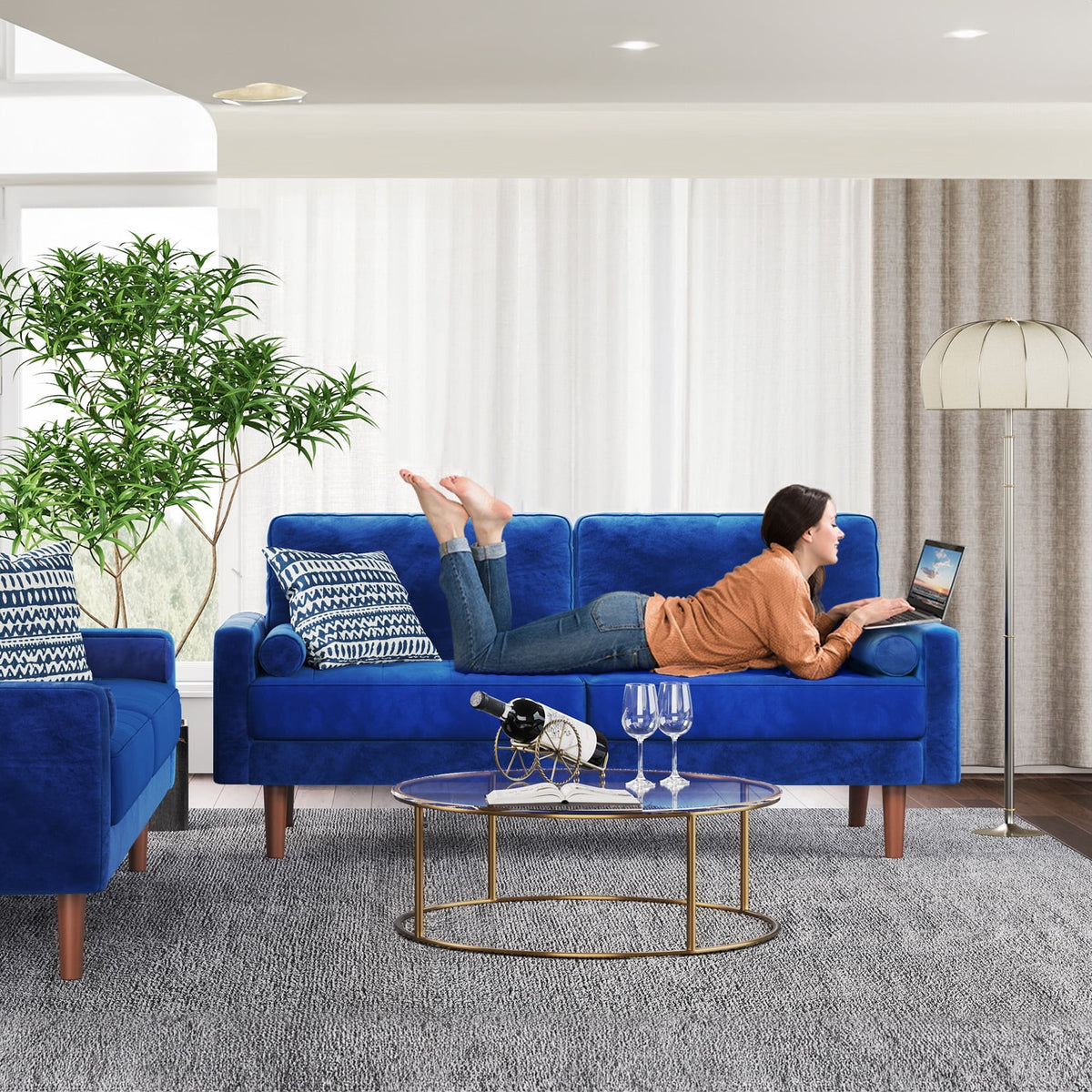 Blue Velvet Rolled Arm Sofa I57592