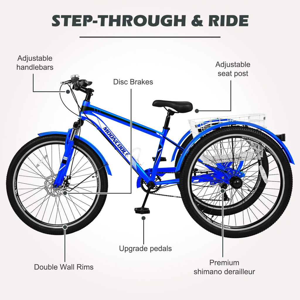 Blue 7 Speed Adult Tricycle with Shopping Basket Y855