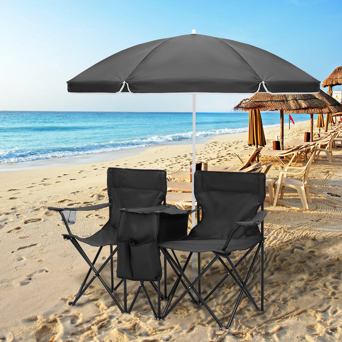 Portable Double Folding Chair with Umbrella, Cooler Bag & Carry Bag, Black U41198
