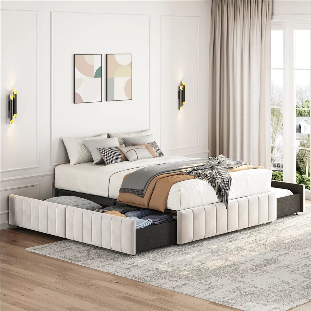 Beige Upholstered Storage Bed with 4 Drawers U333