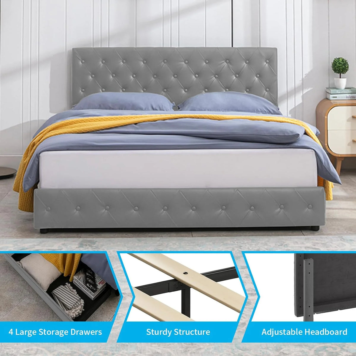 Upholstered California King Platform Bed Frame with 4 Storage Drawers R3821