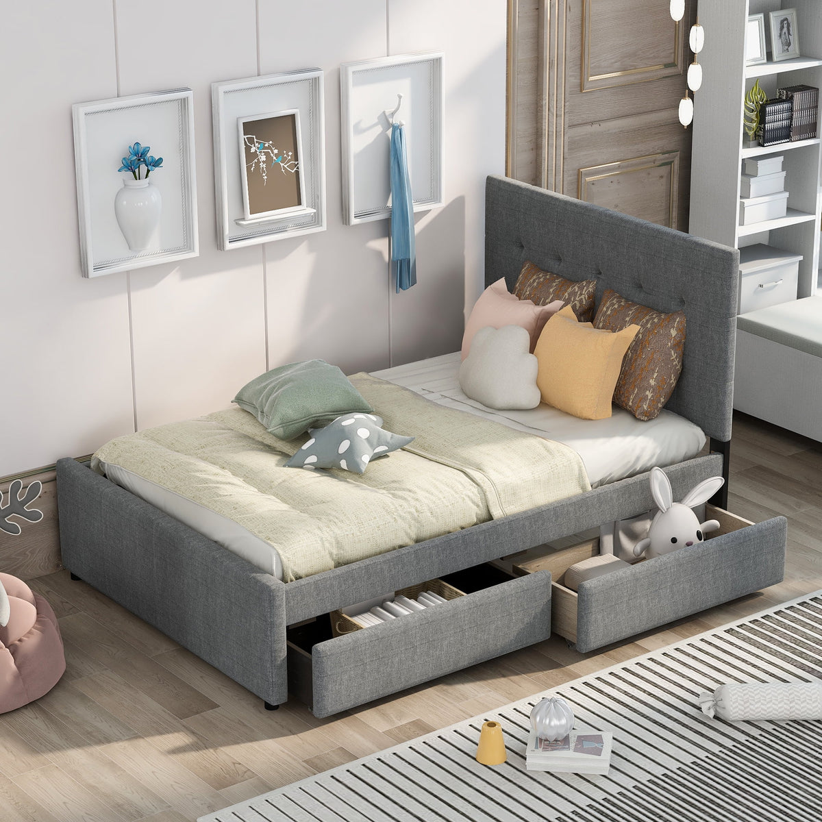Linen Upholstered Platform Bed with Headboard and Two Drawers A869840