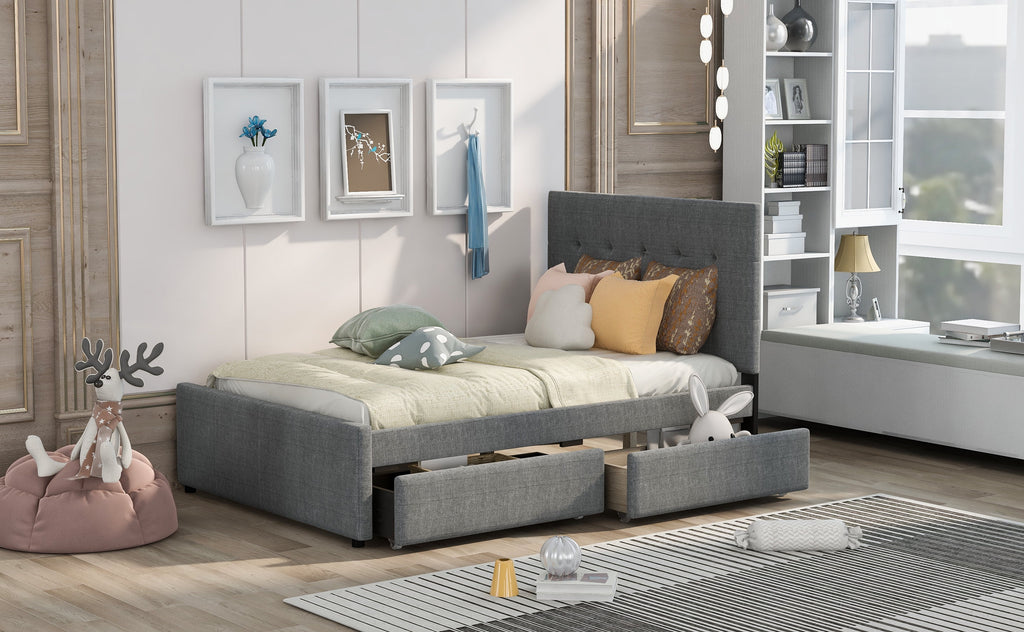 Linen Upholstered Platform Bed with Headboard and Two Drawers A869840