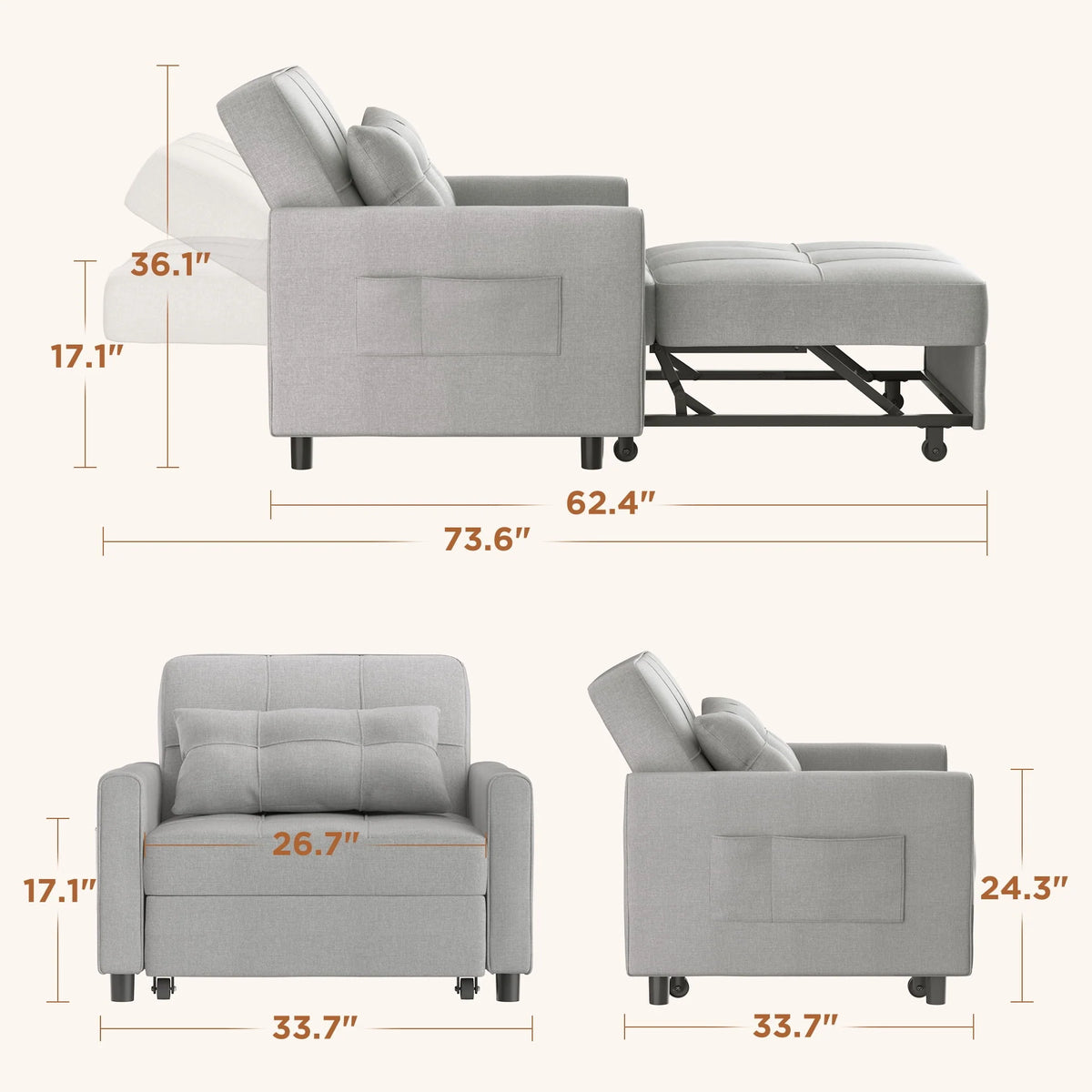 Light Gray Convertible Sofa Bed D171775