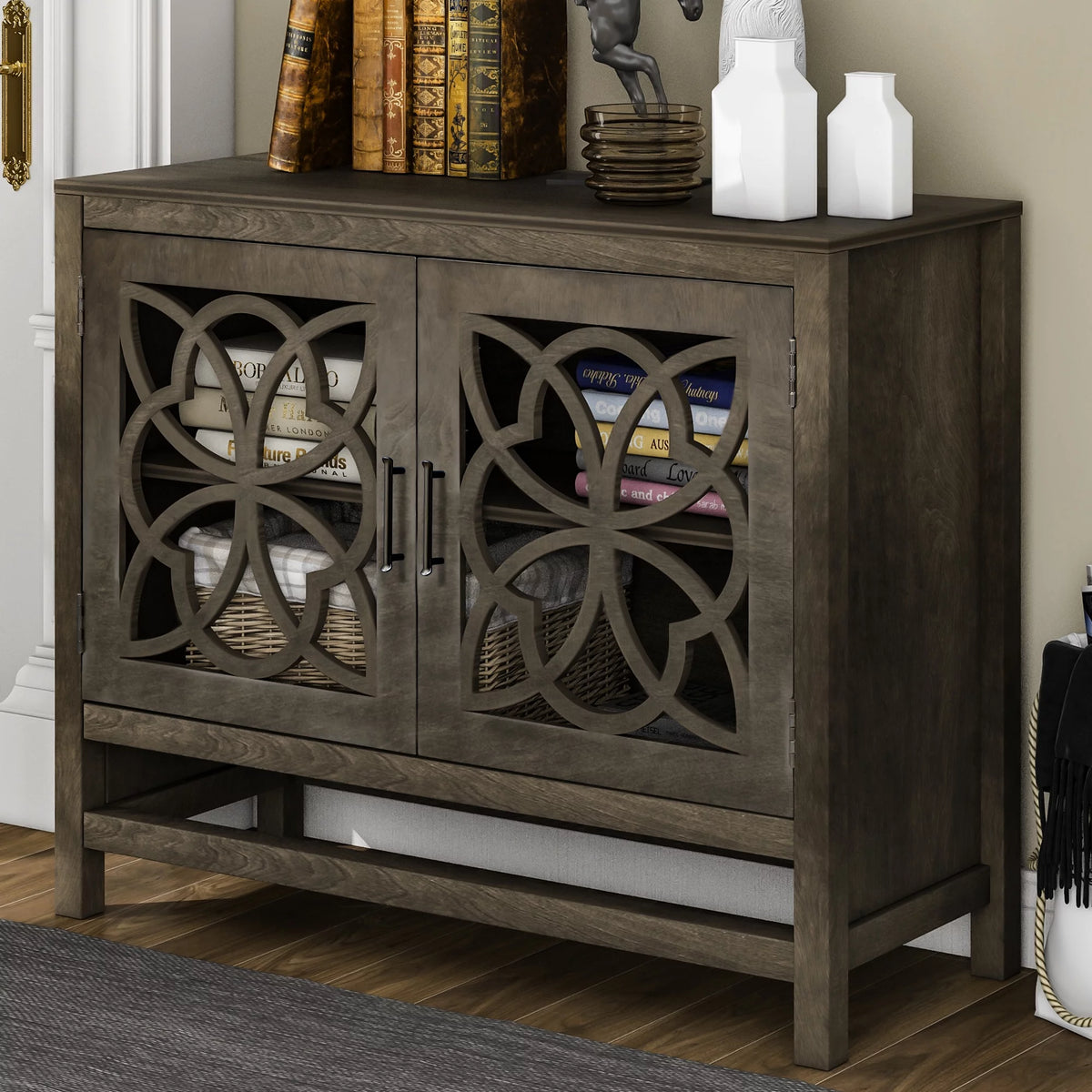 Grey Wood Storage Cabinet with Doors and Adjustable Shelf T41165