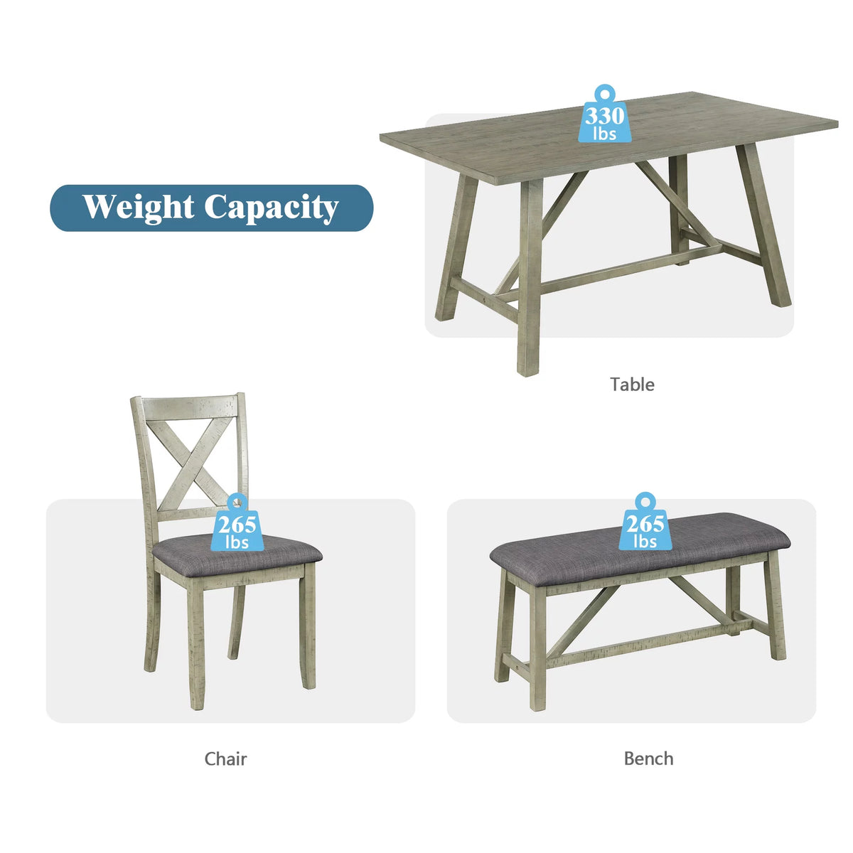 6 Pieces Wooden Rectangular Dining Table Set with Bench and 4 Upholstered Chairs I197593
