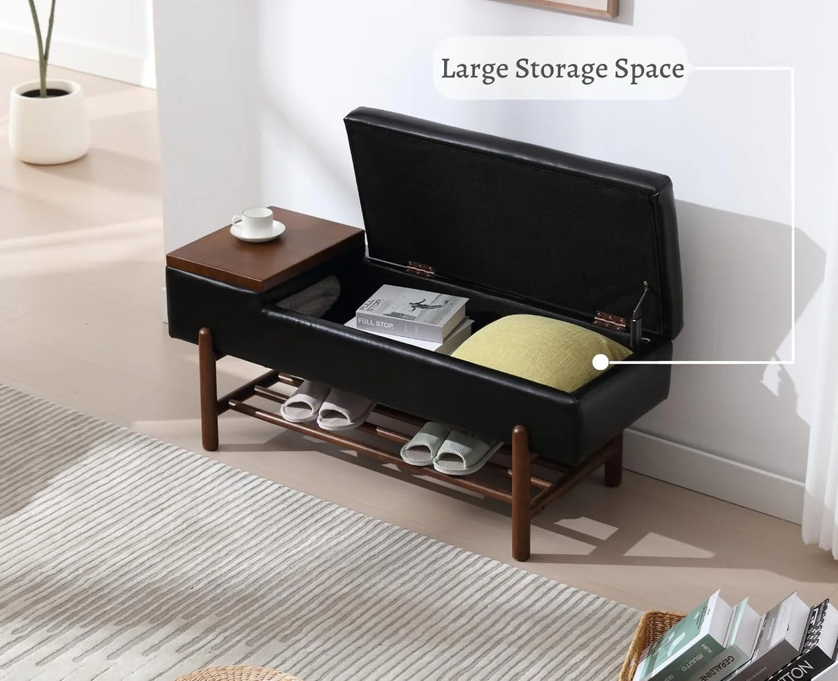 Black Leather Storage Bench with Shoe Rack F4308