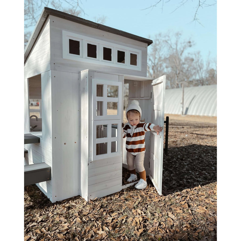 White Wooden Outdoor Playhouse with Picnic Table I6843