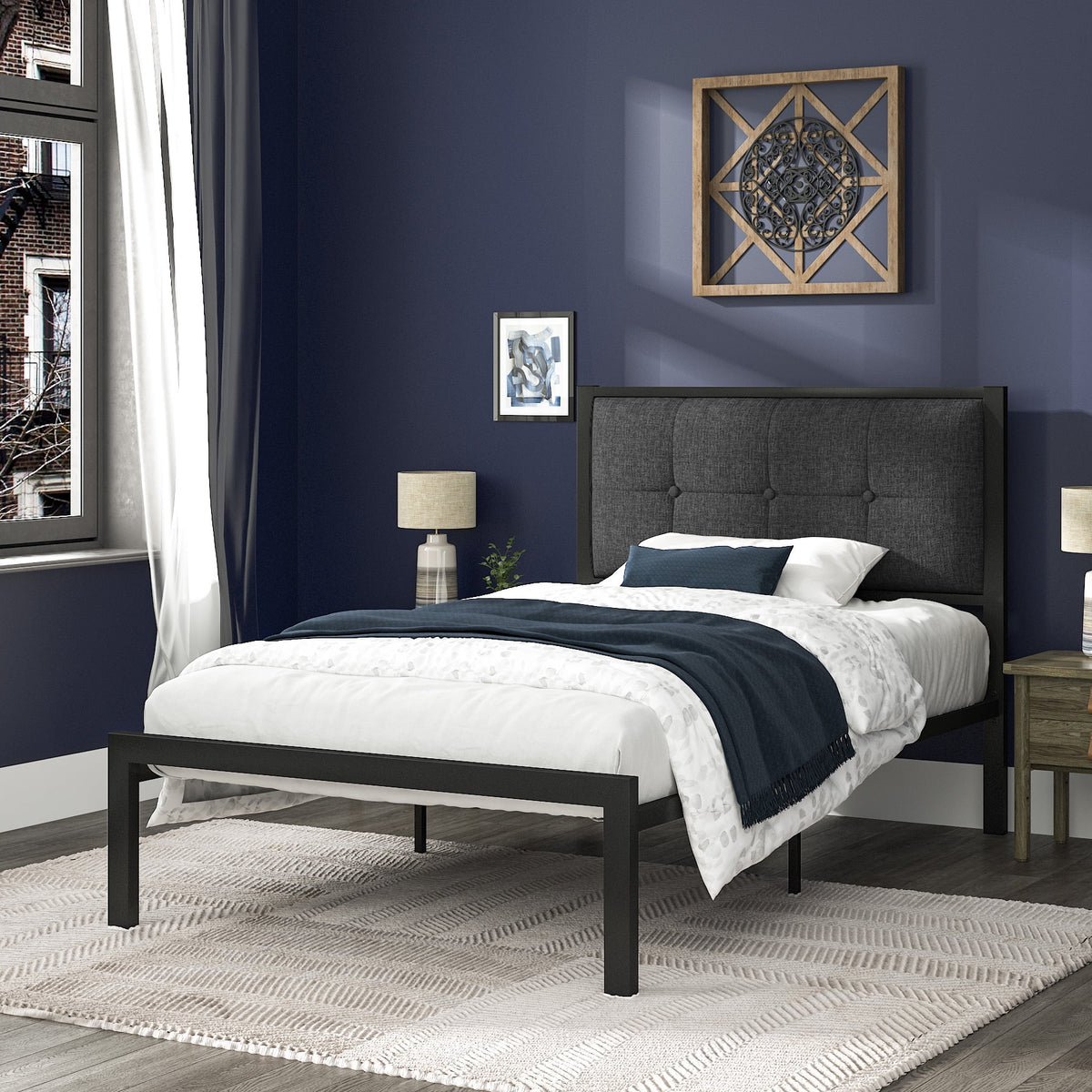 Twin Metal Platform Bed with Fabric Tufted Headboard and Under-Bed Storage M152