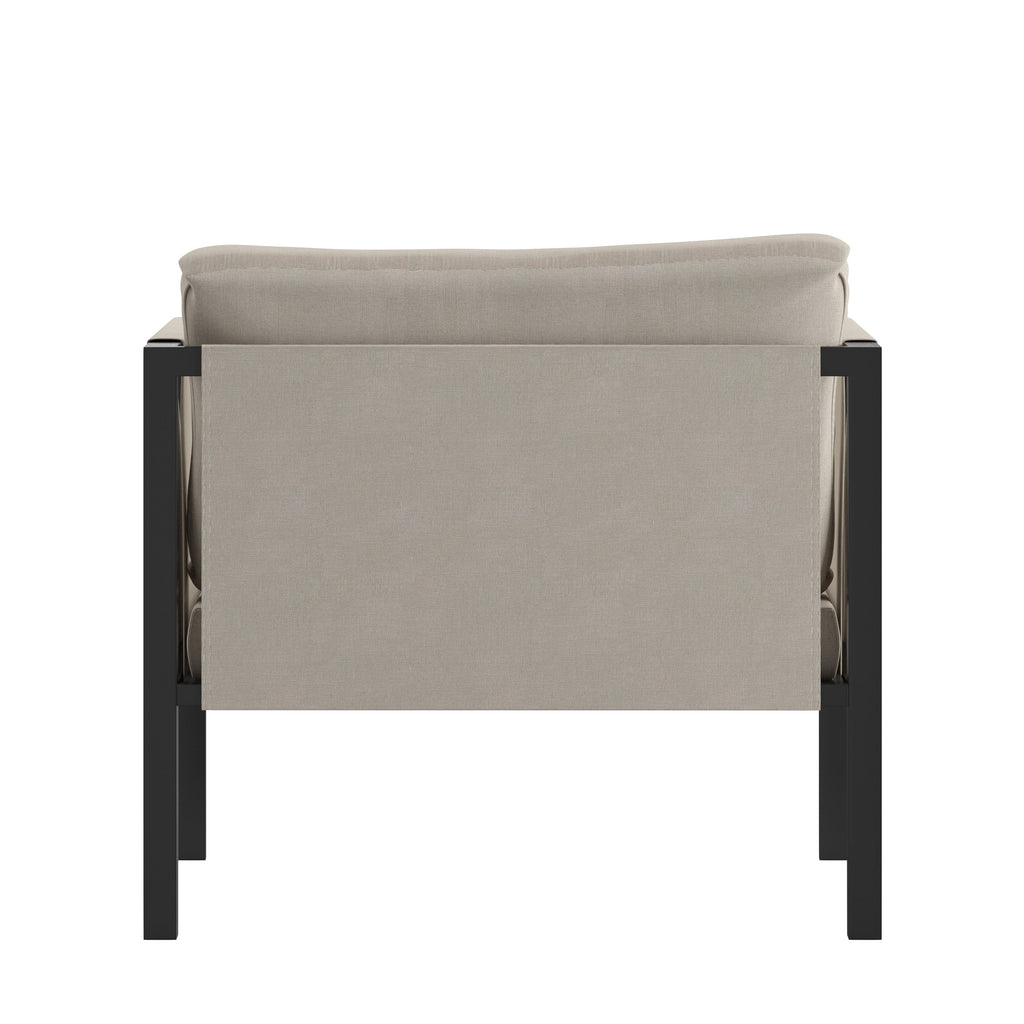 Black Steel Framed Club Chair with Beige Cushions and 2 Storage Pockets H7670