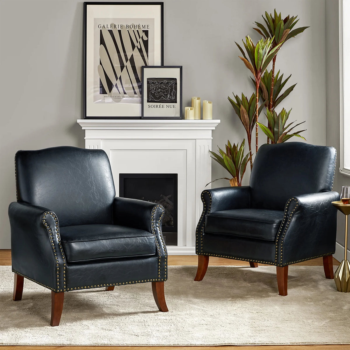 Vegan Leather Upholstered Accent Chair Set of 2 with Solid Wood Legs P895091