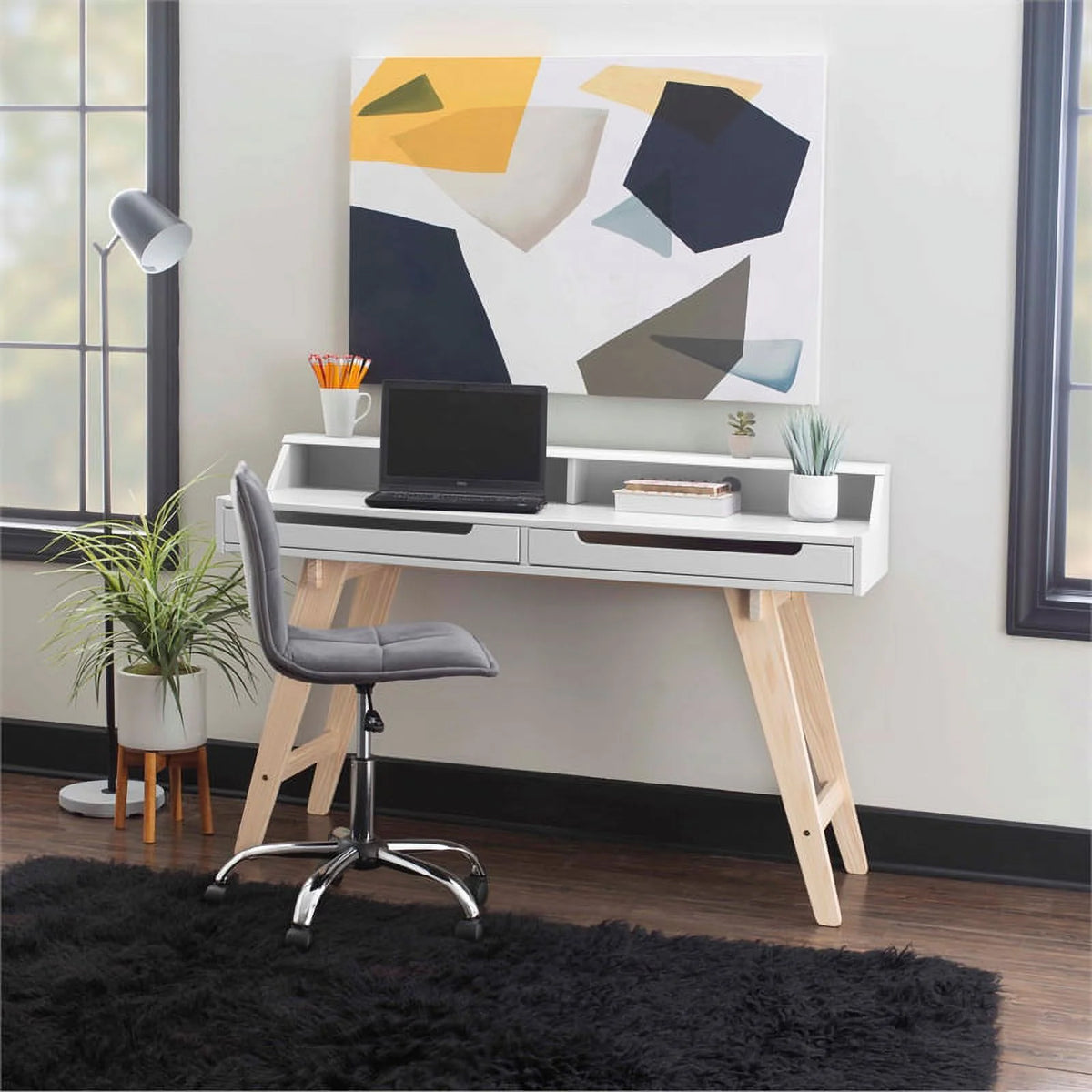 Modern Wood Two Drawer Desk in White Q408
