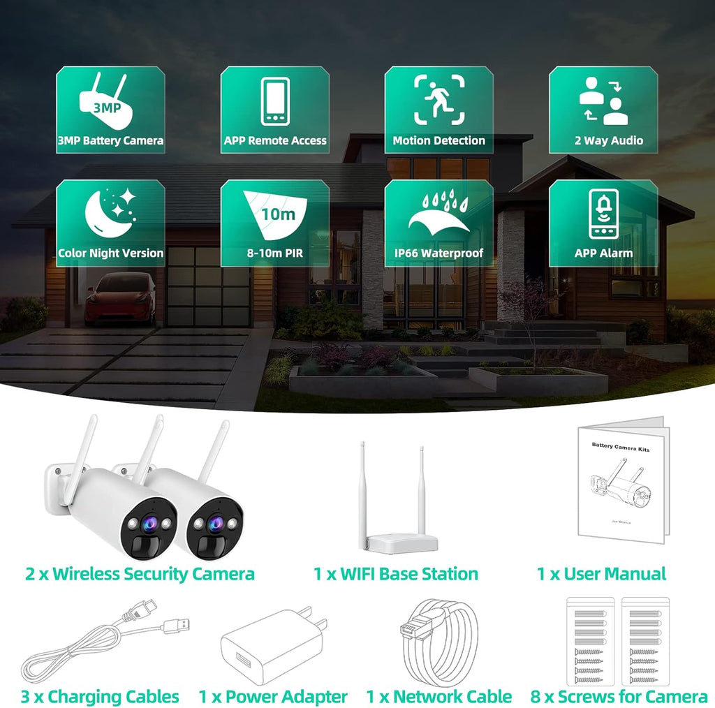 Wireless Security Camera System 3MP with 2 Way Audio, 2 PCS Battery Camera and WiFi Base Station, Color Night Vision H946
