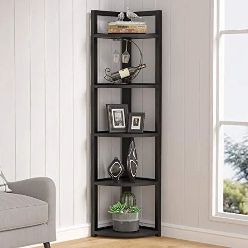 6 Tier 70.9 Inch Tall Corner Bookshelf Black D3480