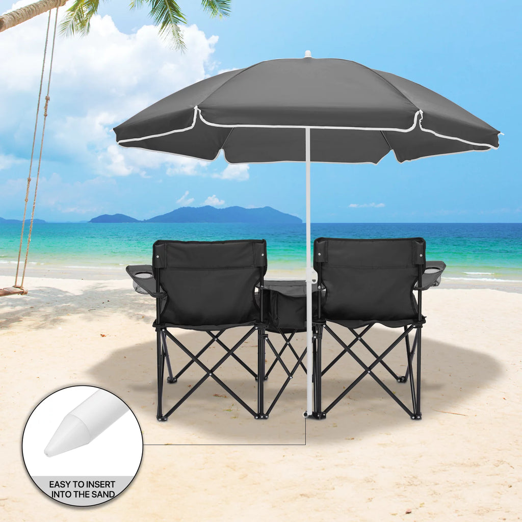 Portable Double Folding Chair with Umbrella, Cooler Bag & Carry Bag, Black U41198
