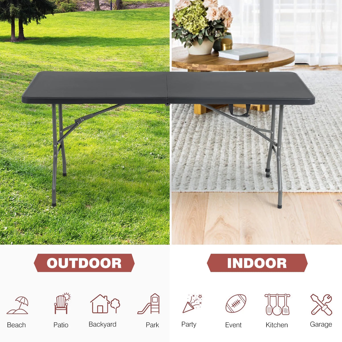 Black 6ft Plastic Folding Table with Carrying Handle K1050