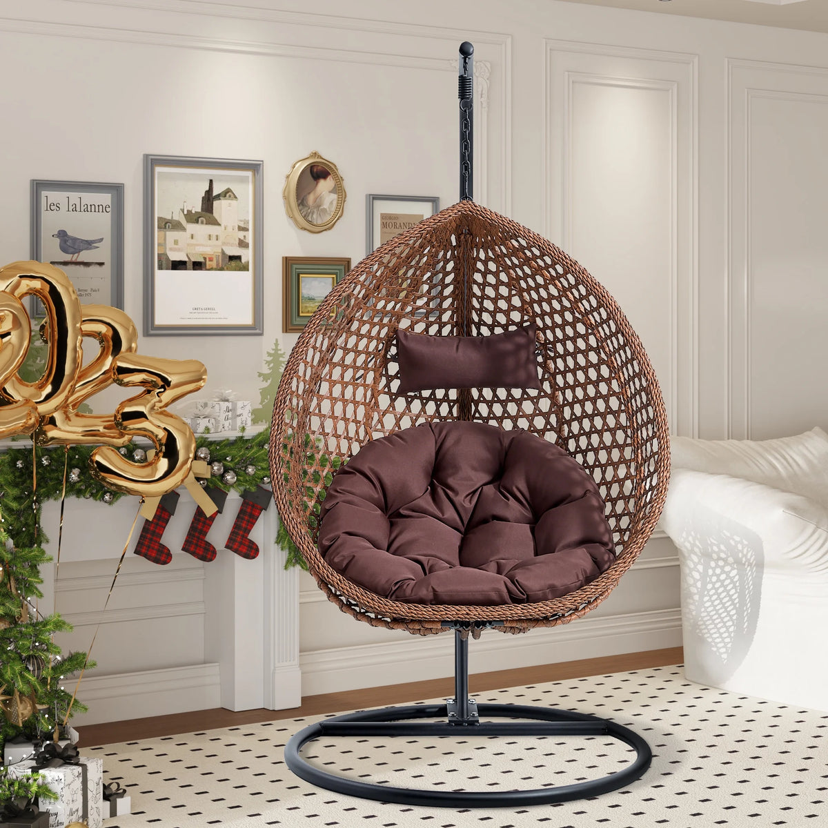 Egg Swing Chair with Stand Rattan Wicker Hanging Chair M323039