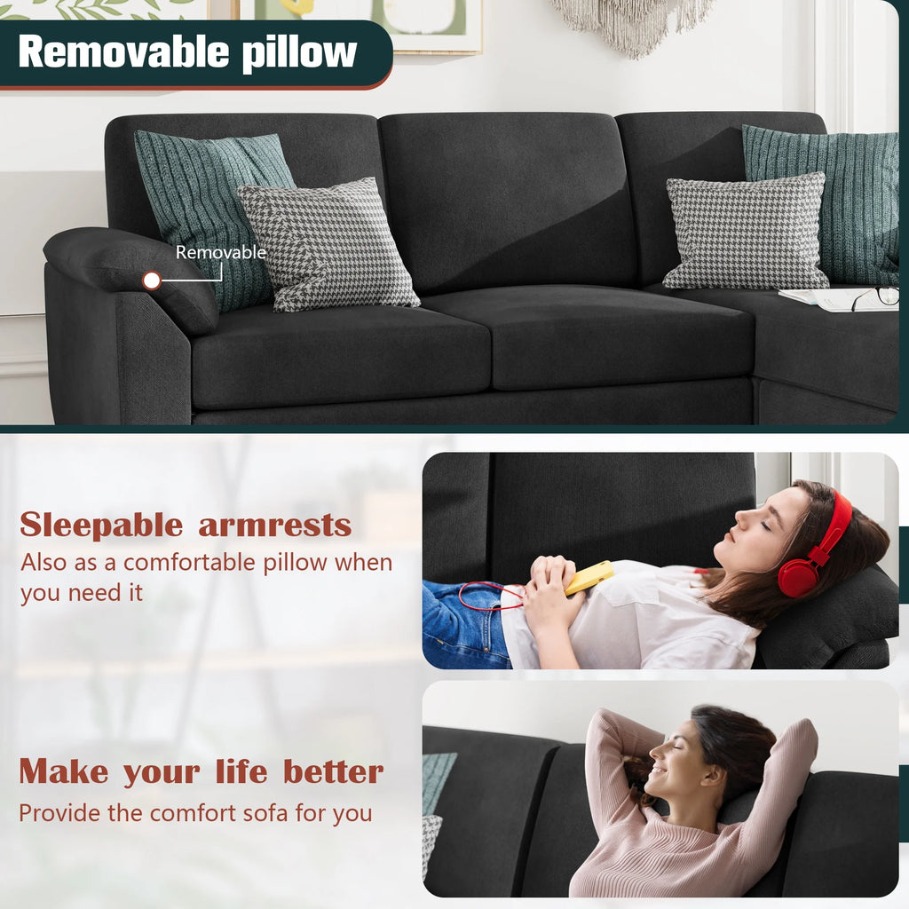 79" Convertible Sectional Sofa Couch, Linen Fabric L Shaped Sofa with Removable Pillows Black V6417