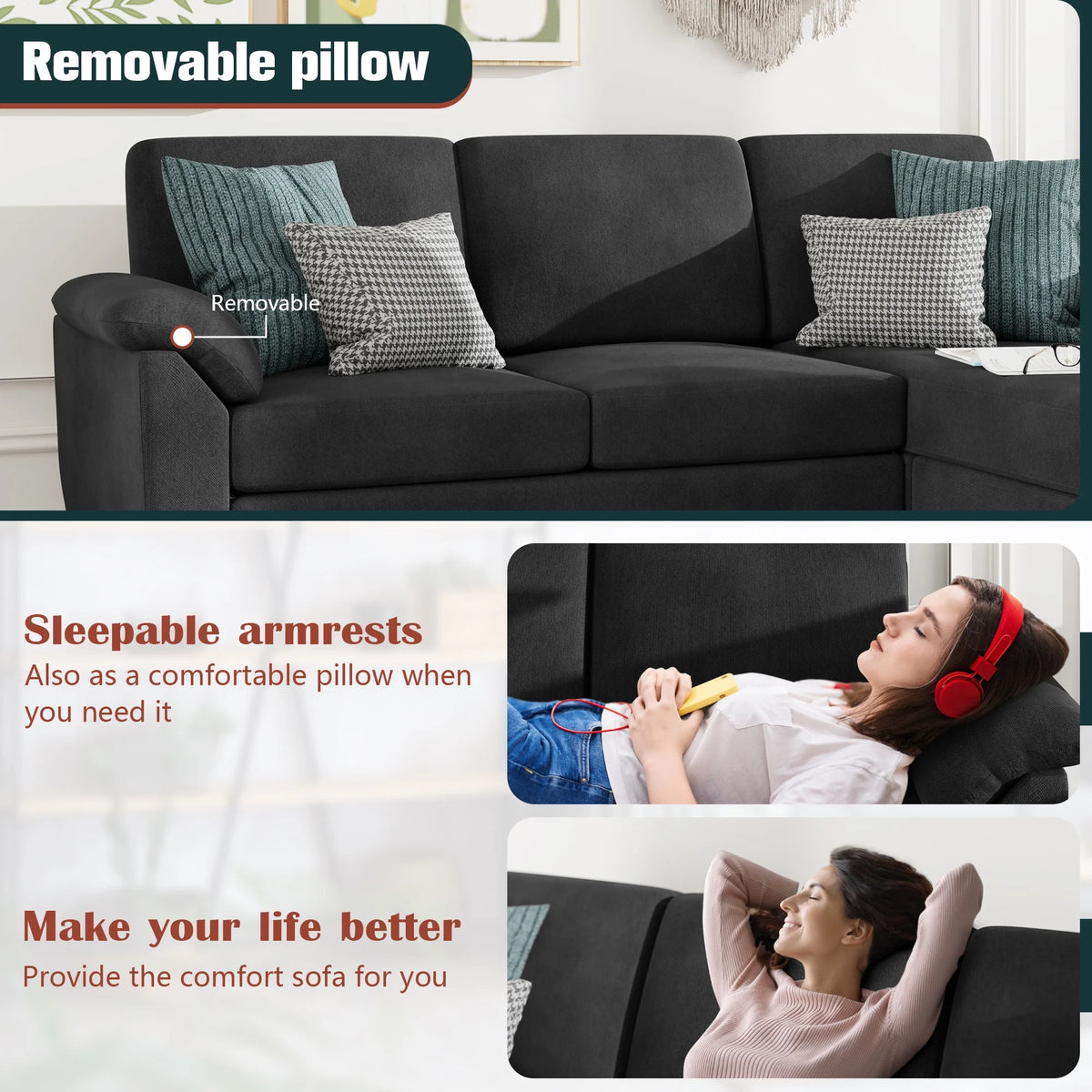 79" Convertible Sectional Sofa Couch, Linen Fabric L Shaped Sofa with Removable Pillows Black V6417