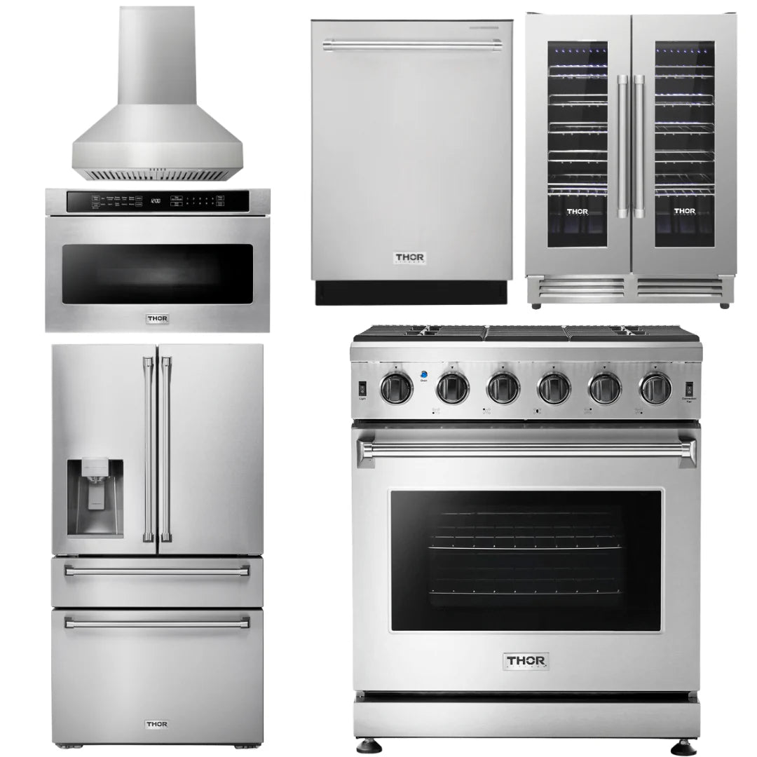 30 Propane Gas Range, Range Hood, Microwave, Refrigerator, Dishwasher, Wine Cooler B217