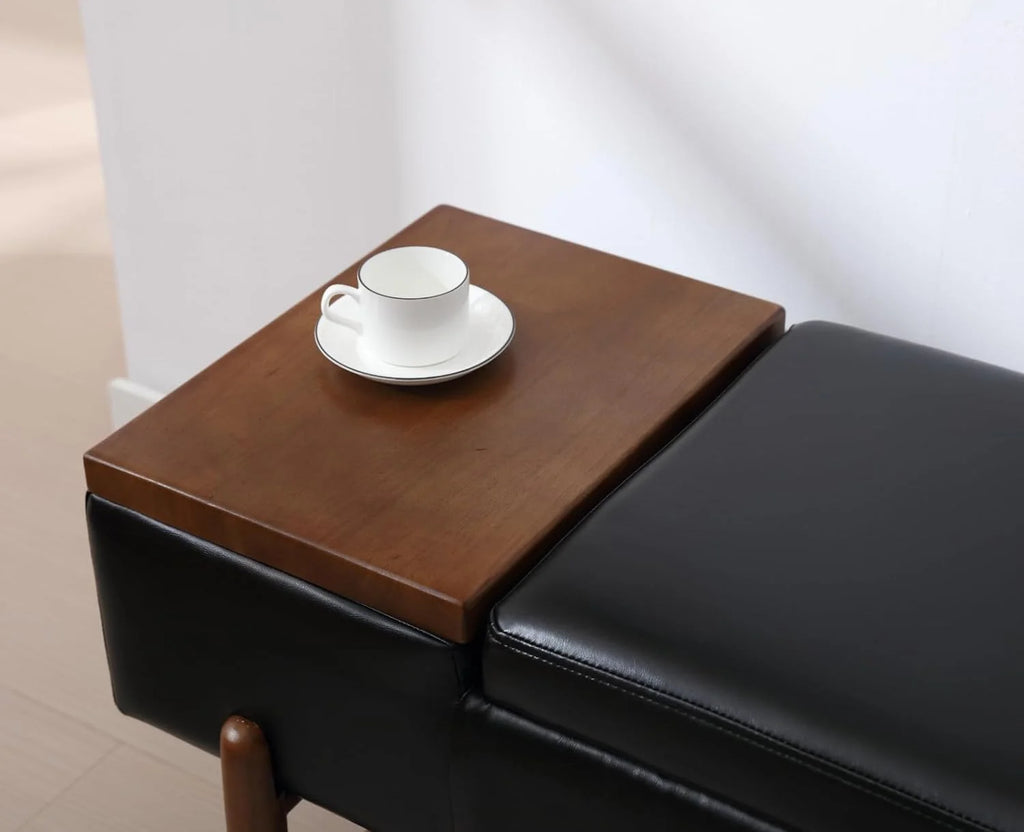 Black Leather Storage Bench with Shoe Rack F4308