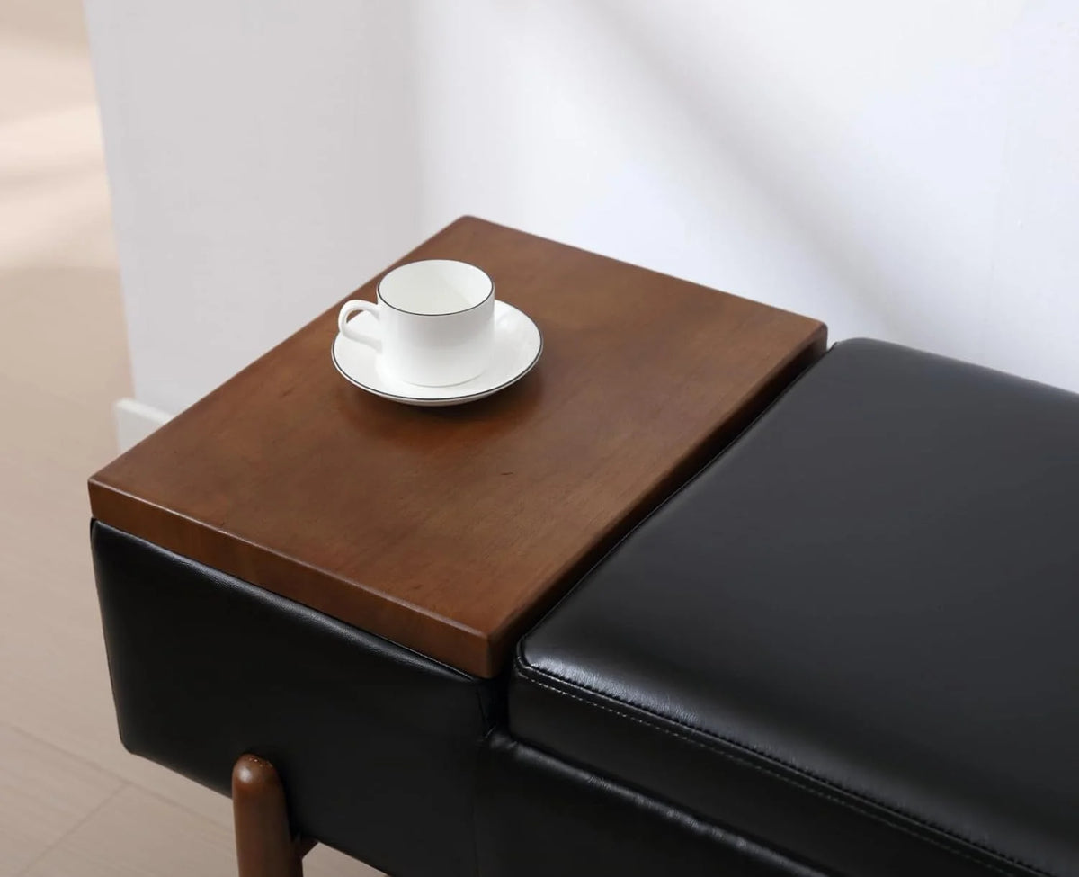 Black Leather Storage Bench with Shoe Rack F4308