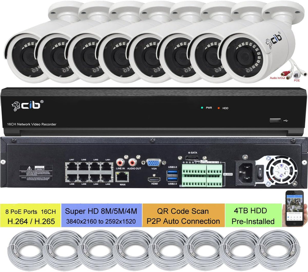 32CH NVR 8MP 5MP 4MP H.265 HDMI 4K Output with 8x5MP POE Bullet Cameras and 4TB HDD J1039