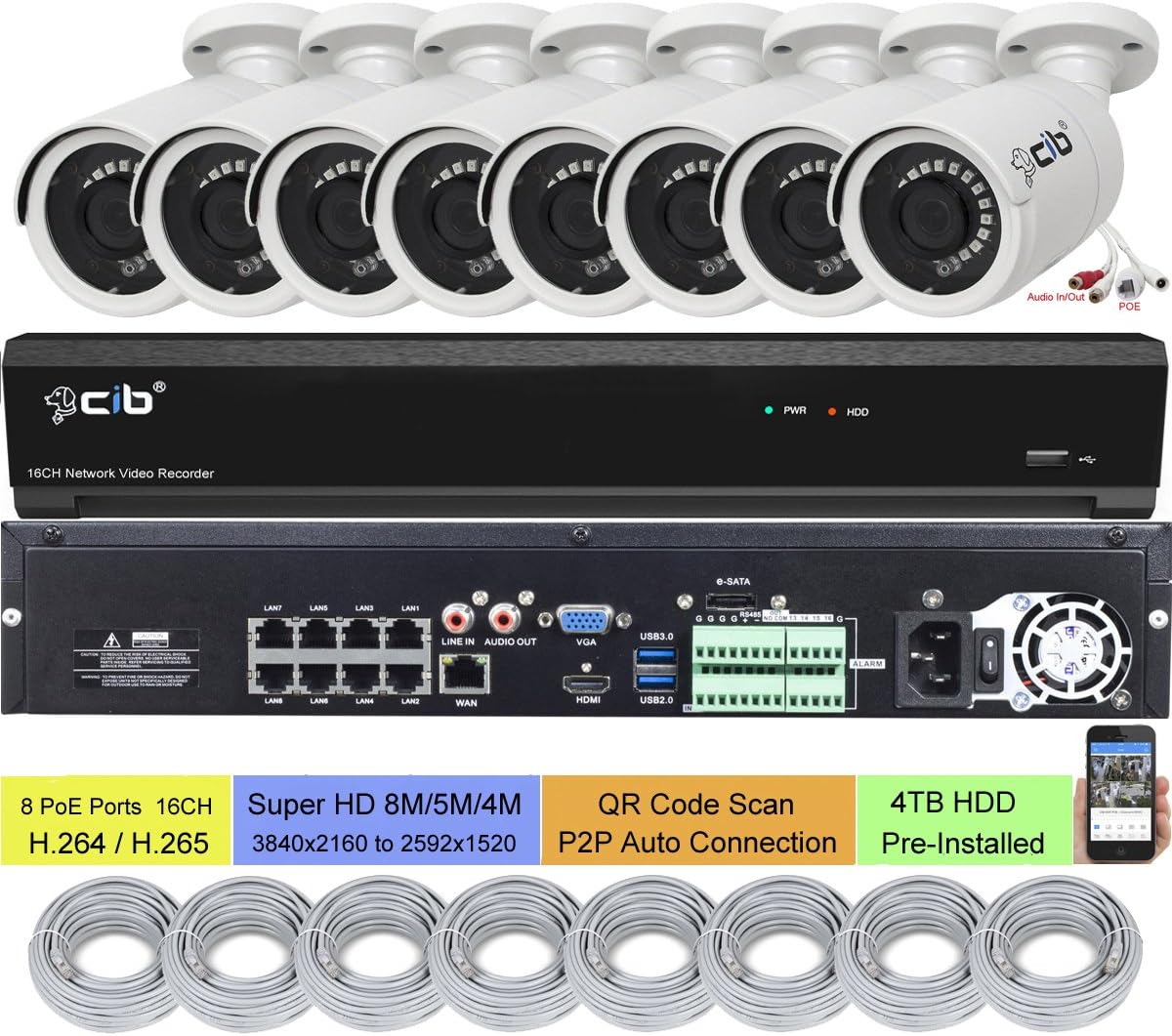 32CH NVR 8MP 5MP 4MP H.265 HDMI 4K Output with 8x5MP POE Bullet Cameras and 4TB HDD J1039