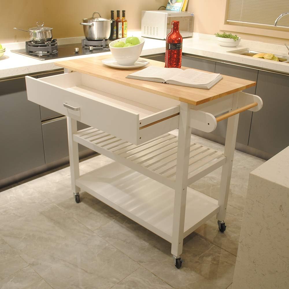 Rolling Wood Kitchen Cart with 2 Drawers and 2 Shelves O398