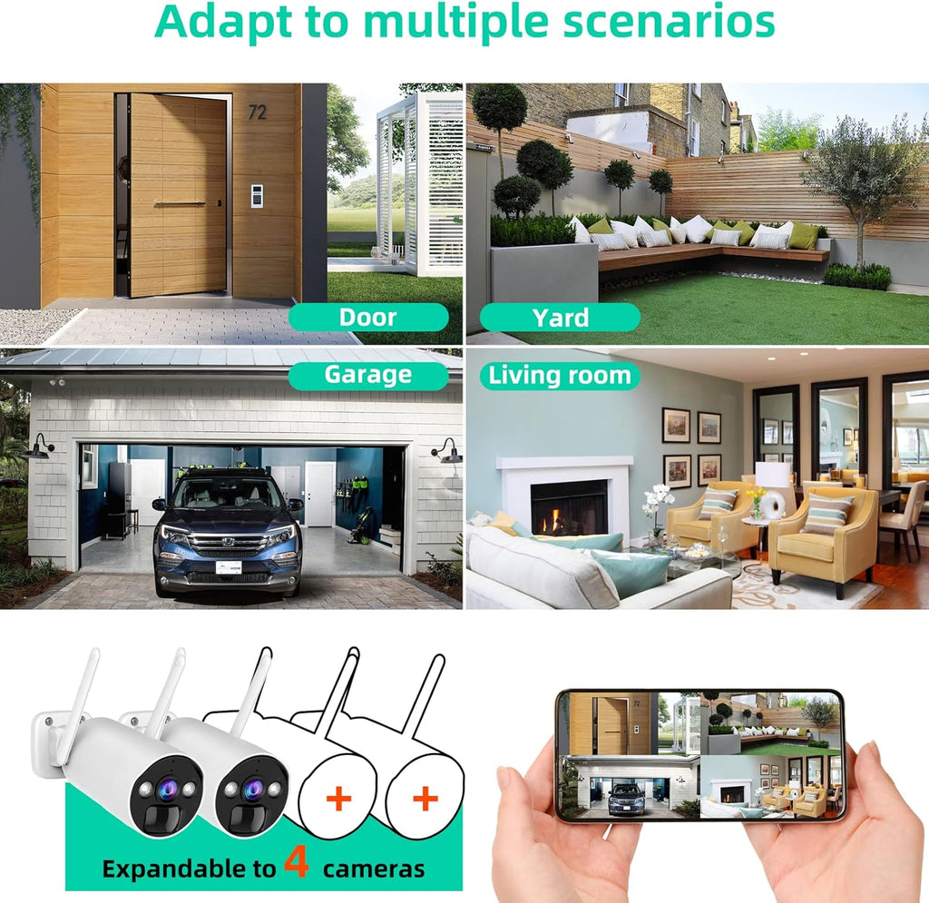 Wireless Security Camera System 3MP with 2 Way Audio, 2 PCS Battery Camera and WiFi Base Station, Color Night Vision H946