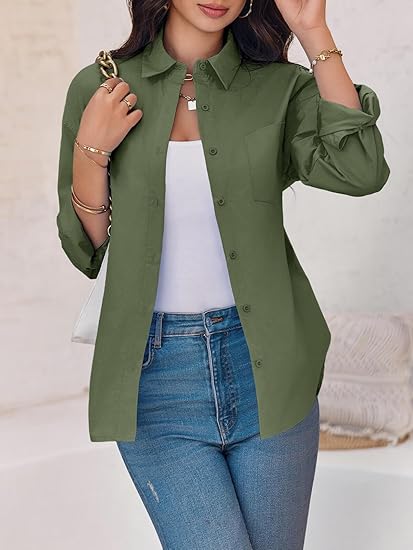 Button Down Shirts Long Sleeve Blouses with Pocket J9028
