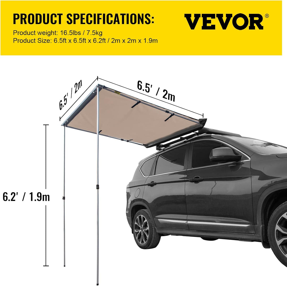 6.5'x6.5' Pull-Out Retractable Waterproof Car Side Awning with Carry Bag A1299