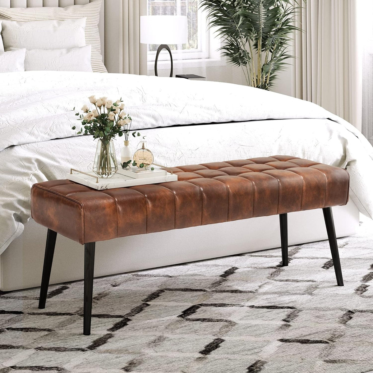 Leather Tufted Upholstered Ottoman Bench with Metal Legs G91159