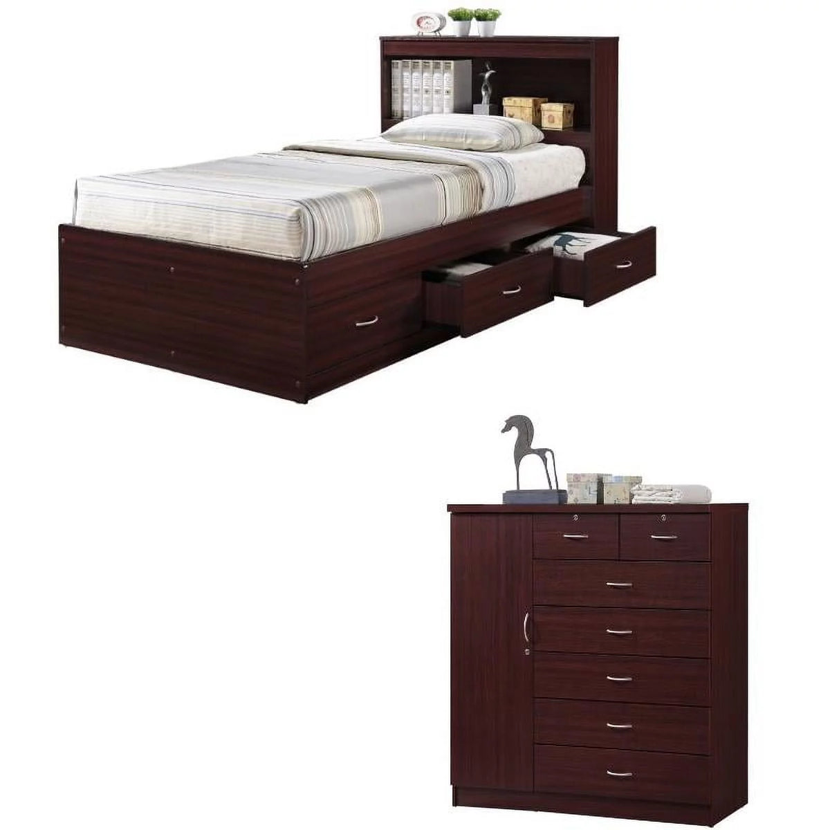 2 Piece Bedroom Set with Captain Bed and Chest in Mahogany Wood P66305