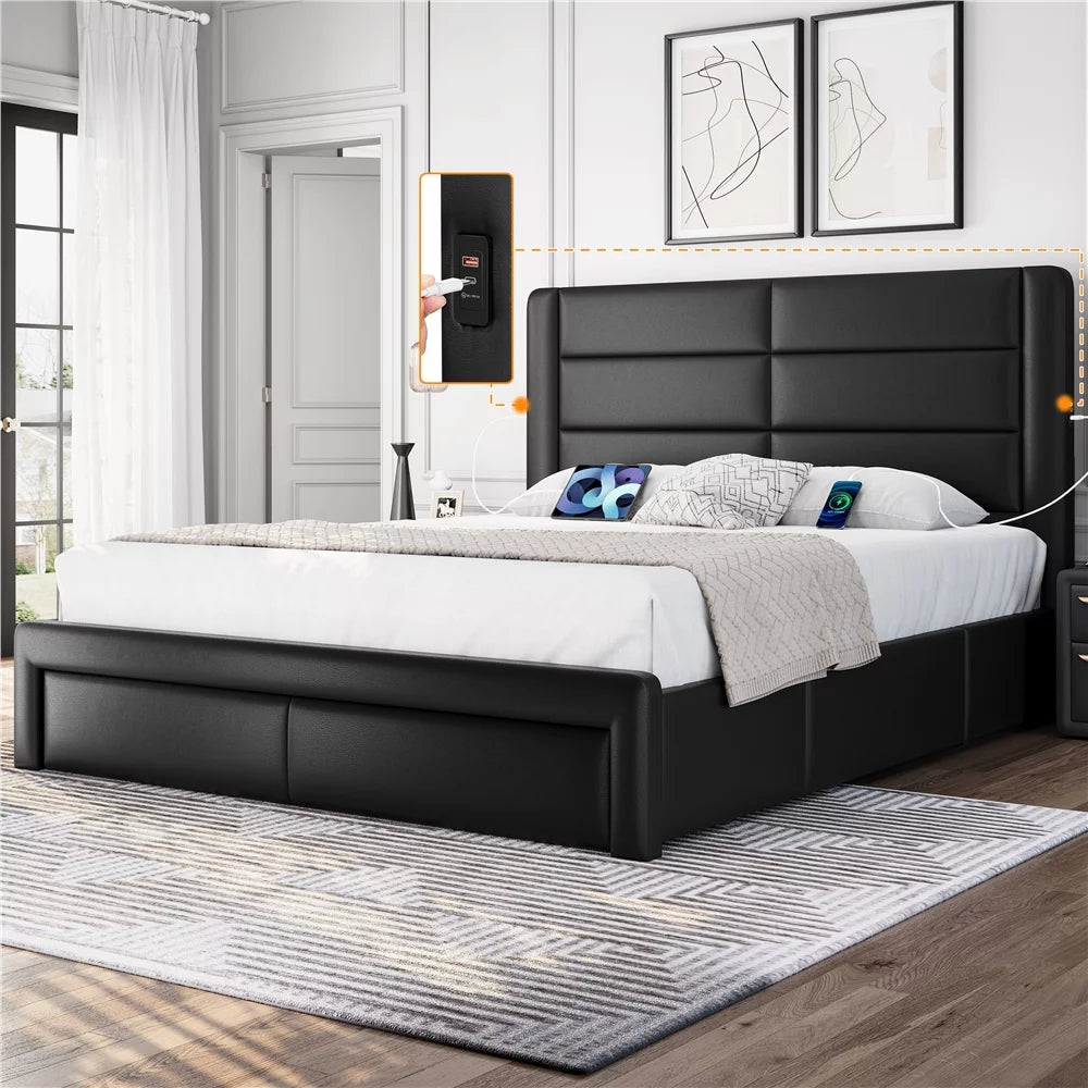 Beige Upholstered Platform Full Bed with 3 Storage Drawers Q6343