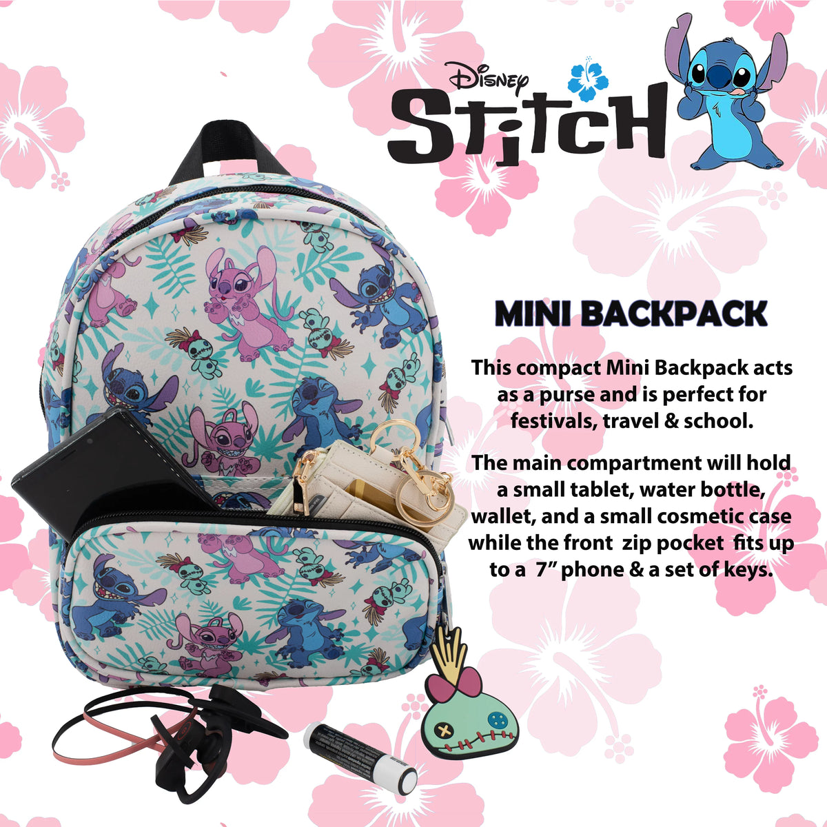 Mini Backpack with Allover Print & Molded Dangle, 10.5 Inches, Adjustable Straps, Faux Leather Y50243
