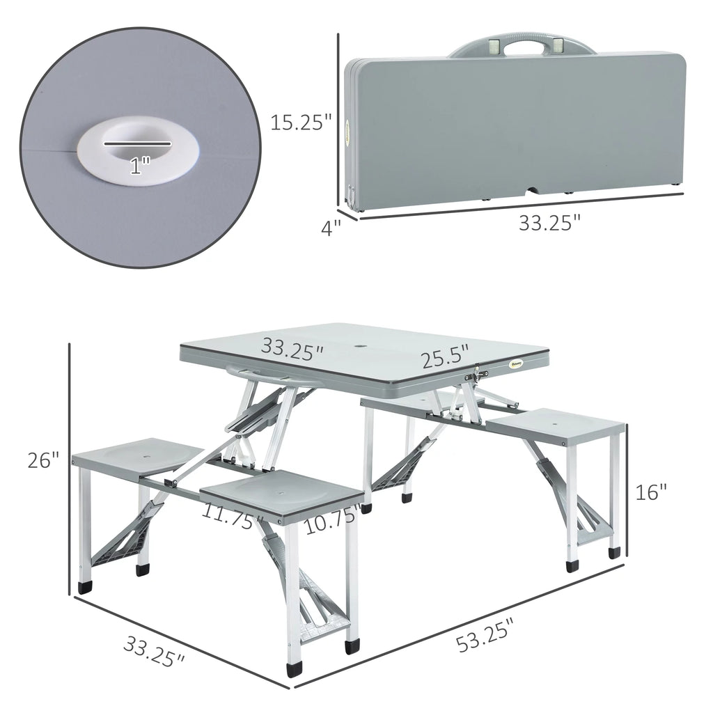 Blue 4-Person Foldable Camping Picnic Table with Seats and Umbrella Hole F138