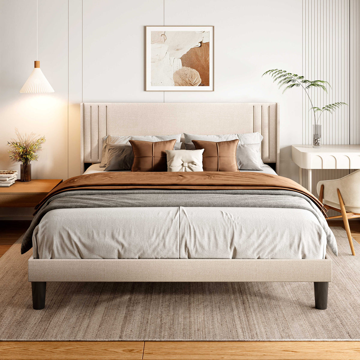 Queen Size Bed Frame with Wingback Headboard Q656
