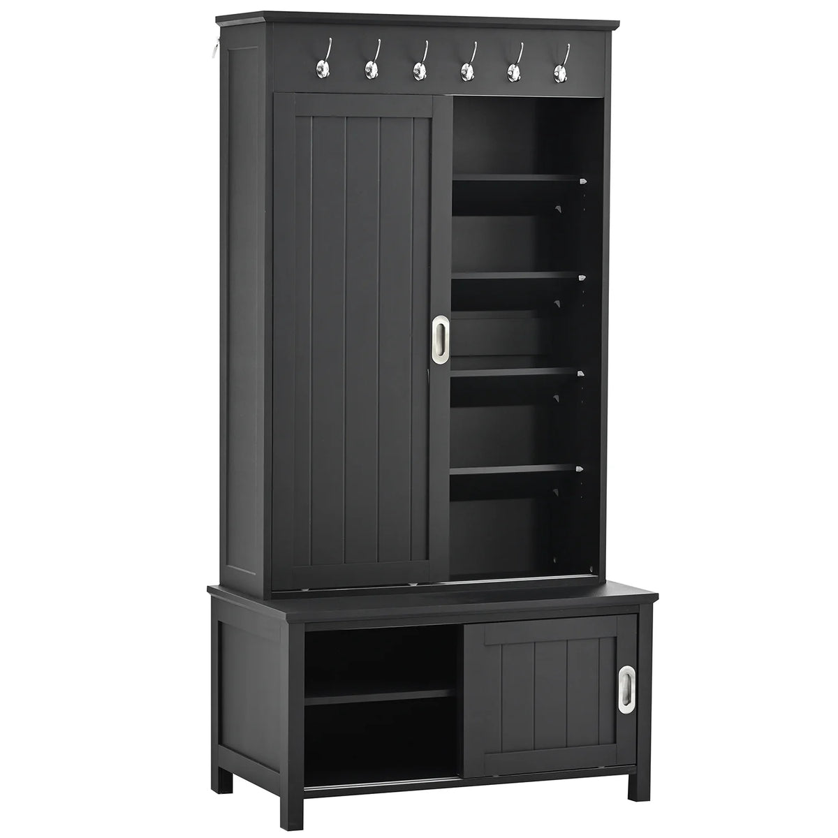 Black Wooden Hall Tree with Bench and Shoe Storage X1396