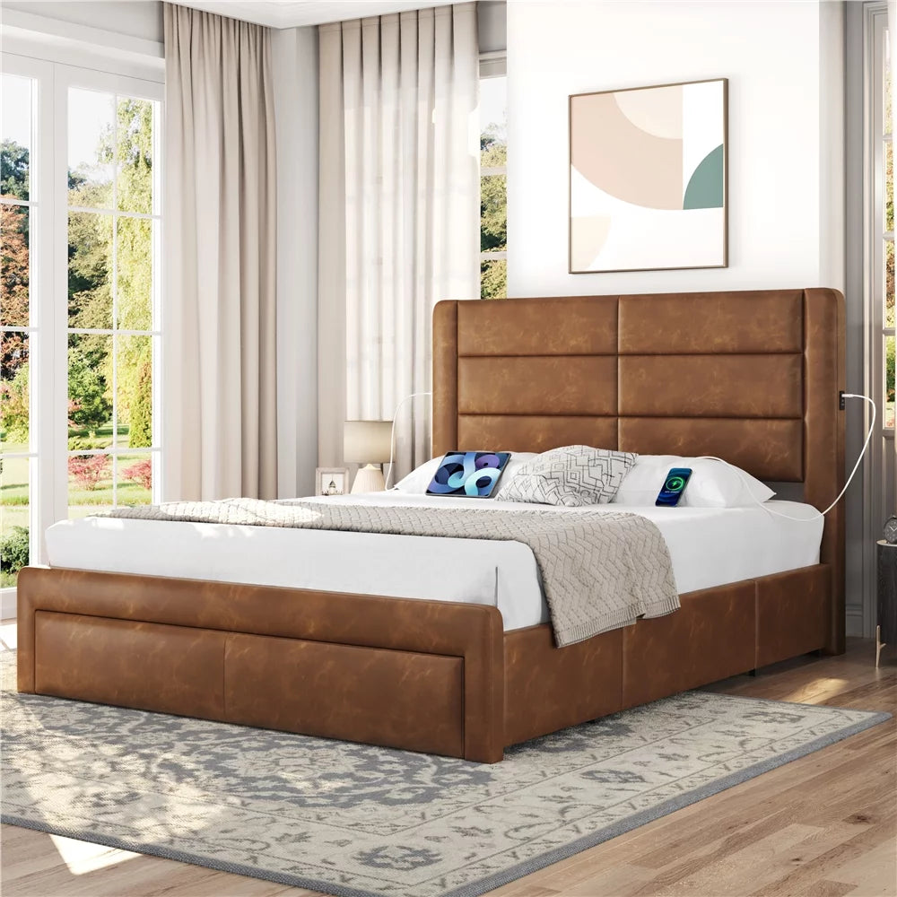 Beige Upholstered Platform Full Bed with 3 Storage Drawers Q6343
