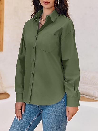Button Down Shirts Long Sleeve Blouses with Pocket J9028