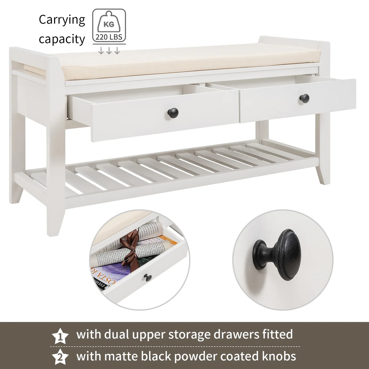 White Shoe Rack with Cushioned Seat and Drawers R30156