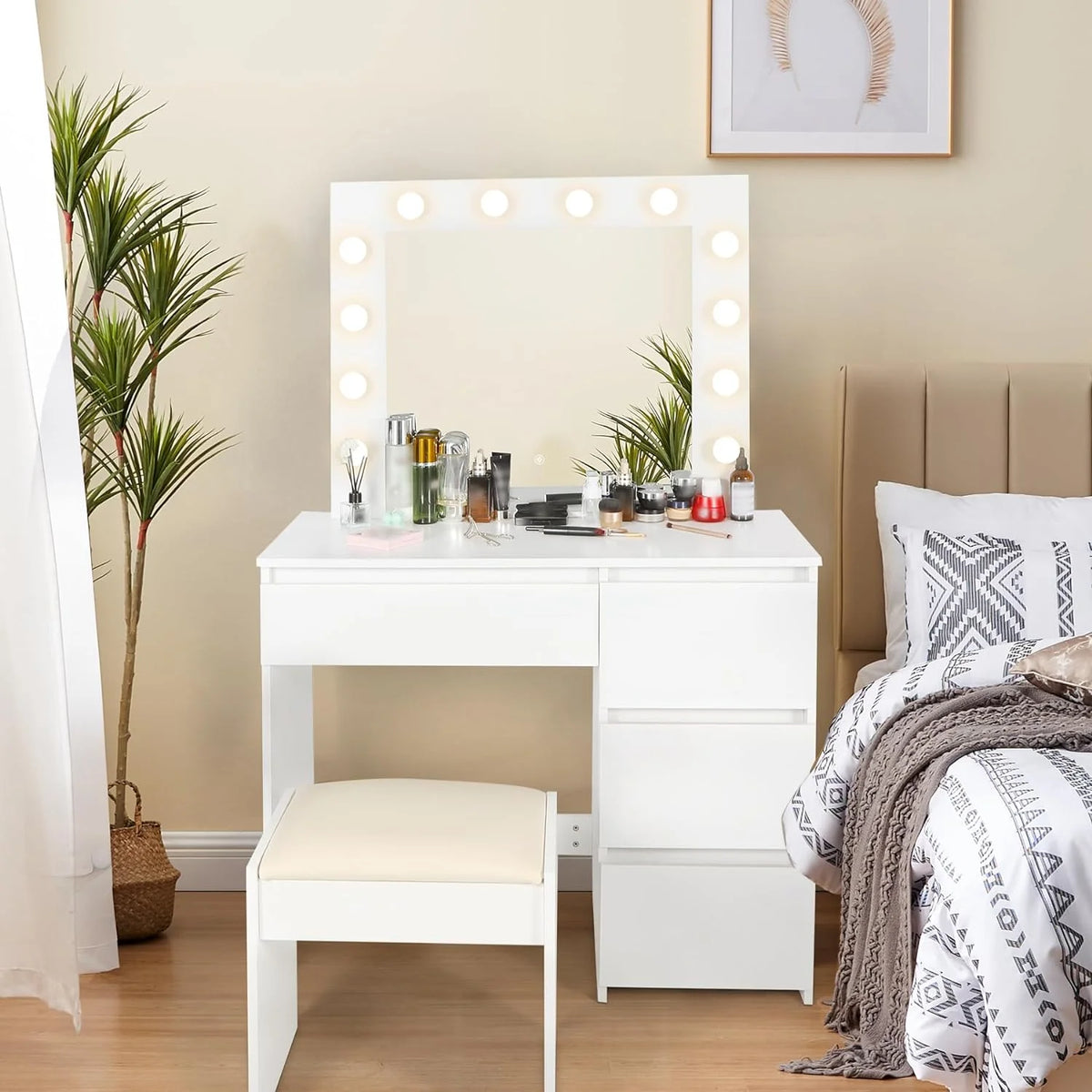 White Makeup Vanity Set with Lights, 4 Drawers and Cushioned Stool T300834