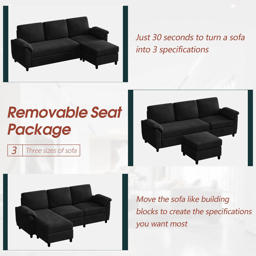 79" Convertible Sectional Sofa Couch, Linen Fabric L Shaped Sofa with Removable Pillows Black V6417
