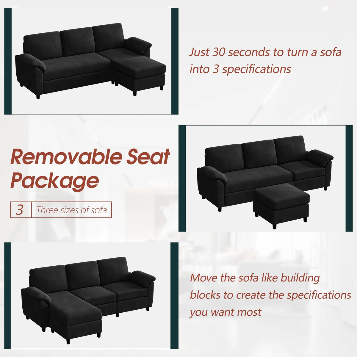 79" Convertible Sectional Sofa Couch, Linen Fabric L Shaped Sofa with Removable Pillows Black V6417