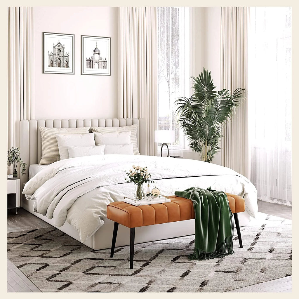 Leather Tufted Upholstered Ottoman Bench with Metal Legs G91159