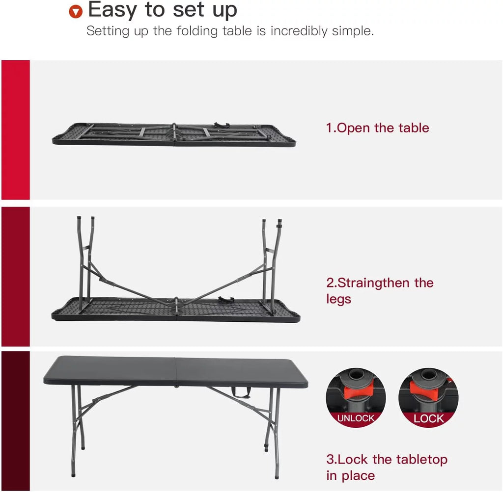 Black 6ft Plastic Folding Table with Carrying Handle K1050