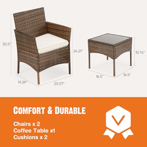3 Pieces Wicker Rattan Patio Furniture Set with Cushion and Glass Table C818986